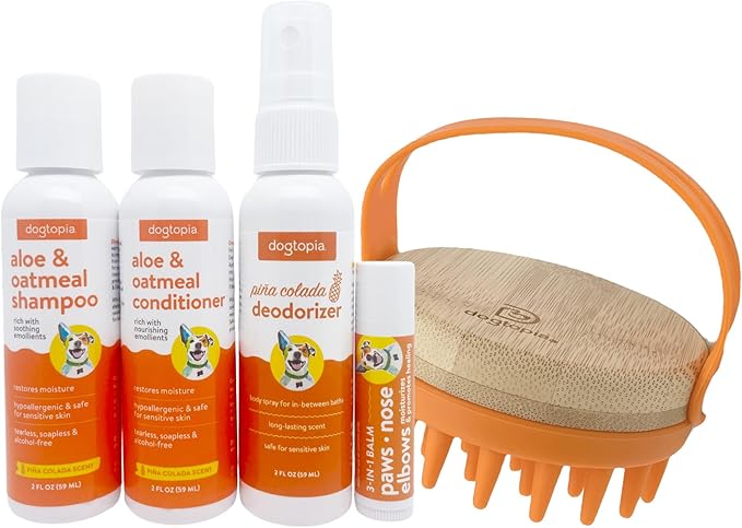 Dog Bath Travel Kit | Aloe & Oatmeal Shampoo & Conditioner | Pina Colada Deodorizer | Nose Balm | Bath Brush Bath Gift Set | Bath Sampler Grooming Kit