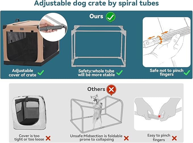 PETSFIT Portable Dog Crate, Soft Sided Dog Crate - 26 Inch Lightweight, Easy Setup, Sturdy Dog Travel Crate, Adjustable Framework with 3 Mesh Door, Collapsible Dog Kennel Khaki