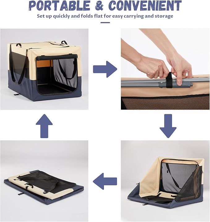 PETSFIT Soft Dog Crate, with Patented Adjustable Fabric Cover, Chewproof & Lockable Mesh Doors, Waterproof Base Portable Kennel Beige 30 Inch