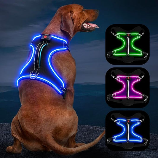 Light Up Dog Harness No Pull LED Dog Harness with Handle Vizbrite Rechargeable Lighted Dog Vest Harness for Small/Medium/Large/X-Large Size Dogs No Pull, 4 Point Adjustable Dog Harness