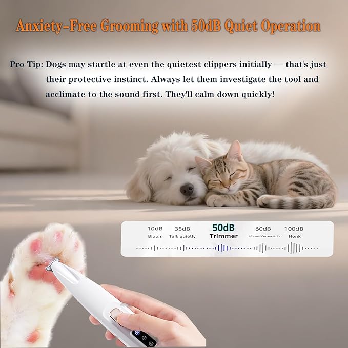 Electric Paw Trimmer for Dogs & Cats - Ultra Quiet Rechargeable Clipper with LED Light, 2 Wide Blades, Waterproof for Paws, Ears, Face, Rump - Multifunctional Pet Grooming Tool
