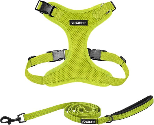 Voyager Step-in Lock Dog Harness w Reflective Dog Leash Combo Set with Neoprene Handle 5ft - Supports Small, Medium and Large Breed Puppies/Cats by Best Pet Supplies - Lime Green, M