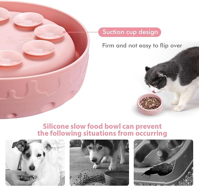 Silicone Slow Feeder Dog Bowls & Cat Bowls, 2 Cups Small Pet Food Bowl with Non-Slip Suction Base, Food-Grade Safe Puzzle Feeder for Small & Medium Dogs & Indoor Cats - Dishwasher & Microwave Safe