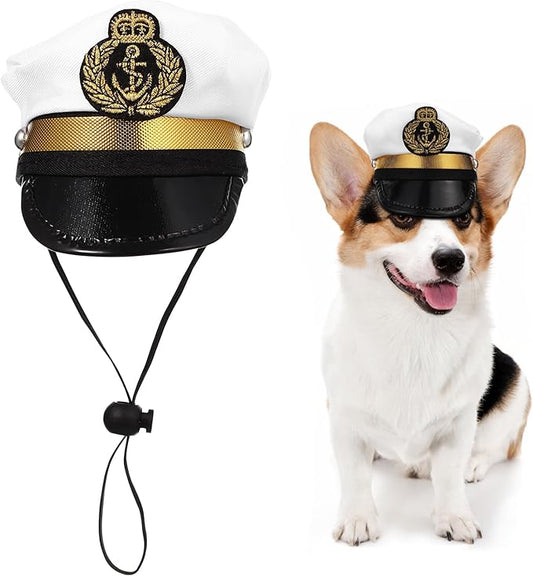 Amosfun Pet Captain's Hat Sailors Sea Captain White Captain Hat Dog Cat Puppy Sailor Halloween Cosplay Costume Hat 5.3 Inch