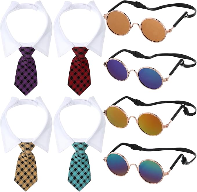 Weewooday 8 Pcs Pet Dog Cat Costume Cat Tie Collar Glasses for Small Dog Round Metal Retro Sunglasses Tie Pet Costume Tuxedo Necktie Collar Puppy Accessories Halloween Cosplay Party(Elegant Colors)