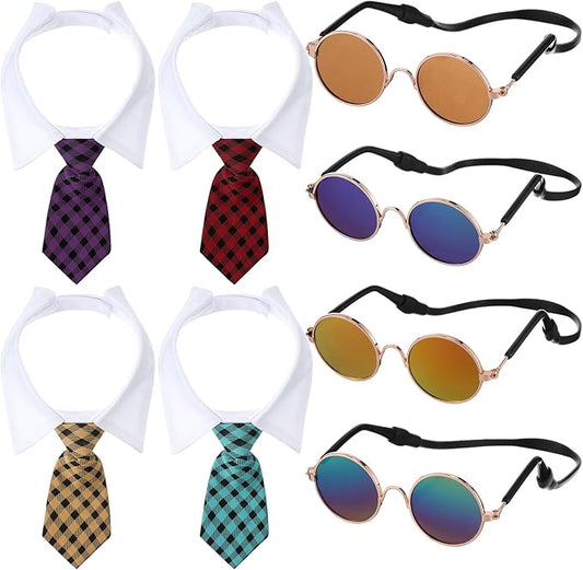 Weewooday 8 Pcs Pet Dog Cat Costume Cat Tie Collar Glasses for Small Dog Round Metal Retro Sunglasses Tie Pet Costume Tuxedo Necktie Collar Puppy Accessories Halloween Cosplay Party(Elegant Colors)