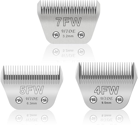 7FW+5FW+4FW Wide Pet Dog Grooming Detachable Blades Kit,Compatible with Andis,Oster A5,Wahl KM10 Clippers,Cut Length 1/8"(3.2mm) to 3/8" (9.5mm),Fit for Larger Animals