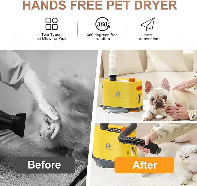 Free Hands Easy pet Grooming Dryer for Cats and Dogs & Drying Tool After Bath LCD Display 2 Soft＆Hard Blowpipe Adjustable Temperature and Speed Quiet