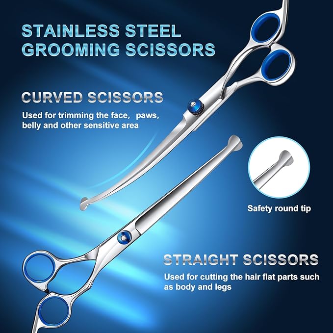 Odoland Dog Grooming Scissors Set Include Dog Slicker Brush, Pet Nail Clippers, Safety Round Tip Pet Grooming Shears for Kit Small Dogs Large Dog and Cats