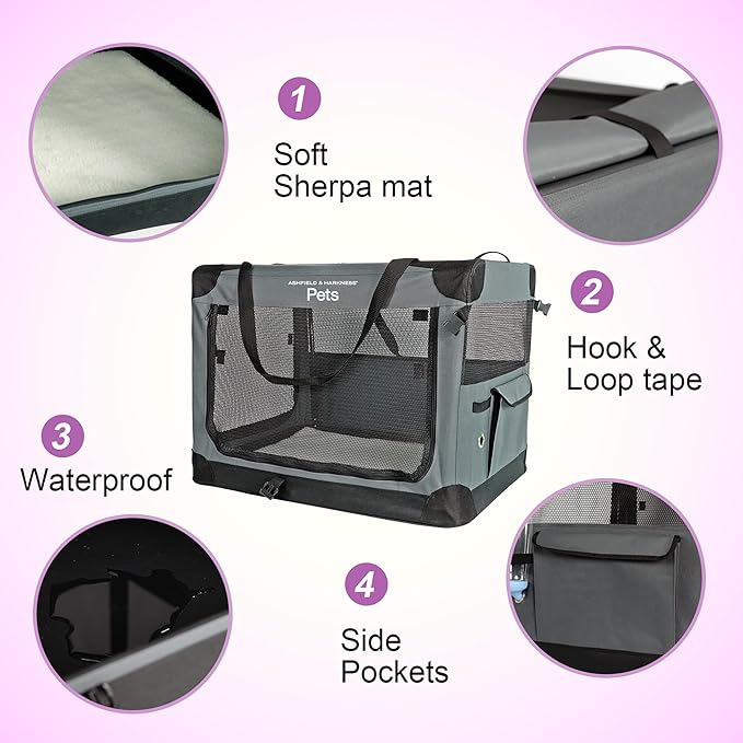 Ashfield & Harkness: Collapsible Soft Dog Crate - 42" - Gray, Sherpa Lined Mat, Durable Mesh Windows, Portable Foldable Pet Kennel, Indoor & Outdoor