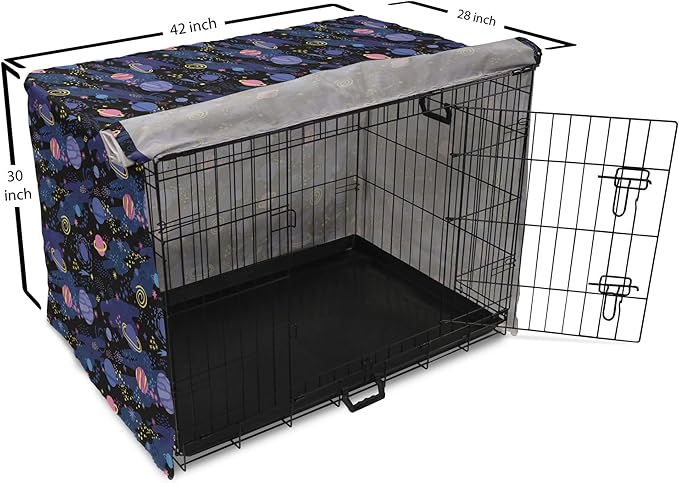 Ambesonne Galaxy Dog Crate Cover, Outer Space Planets Cosmic Journey Milky Way Zodiac Moon Doodle, Easy to Use Pet Kennel Cover for Medium Large Dogs, 42 Inch, Blue Pink