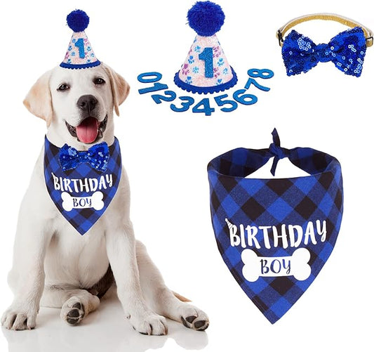 ADOGGYGO Dog Birthday Party Supplies, Pet Party Hat with Numbers, Bow, Blue Plaid Birthday Boy Bandana for Medium Large Dogs (Large)