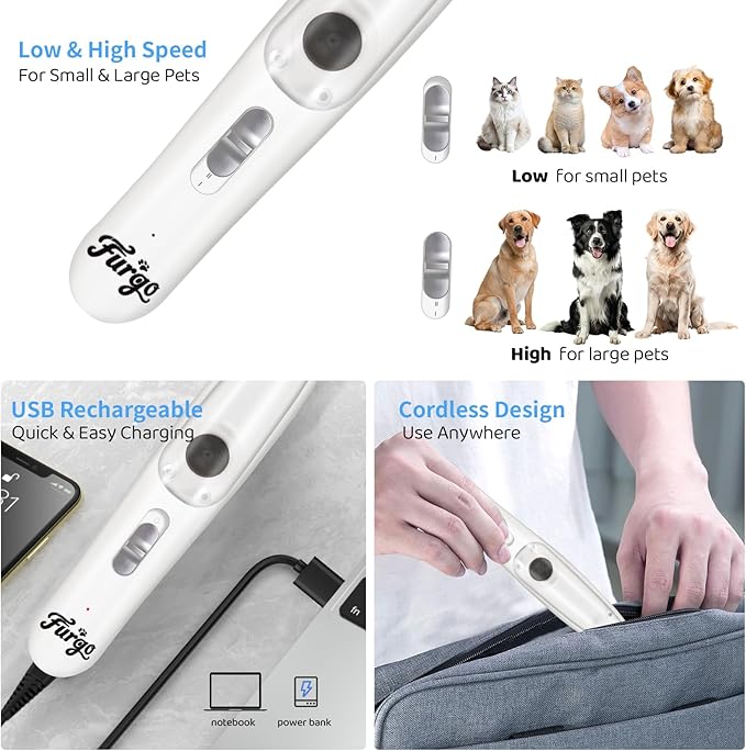 FURGO Dog Paw Clippers with LED Light, Cordless Low Noise 2-Speed Pet Grooming Trimmer, Rechargeable Dog Clippers for Paws, Face, Ears, Eyes, with Vacuum Hair Storage and Suction
