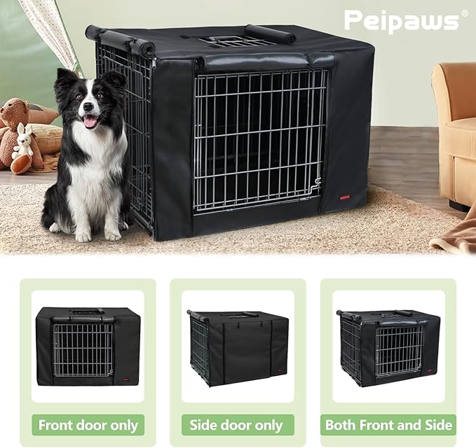Dog Crate Cover 30 Inch - Waterproof Kennel Cover with Top Window, 600D Oxford Fabric Dog Cage Cover Fit for Most Double Door Wire Crate, Unique Drinking Hole Design, Black (Cover Only)
