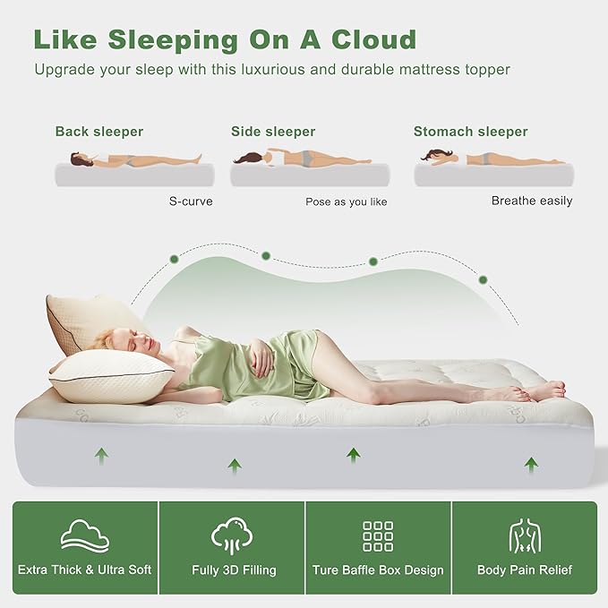 BEDLORE Full Size Mattress Topper Viscose Derived from Bamboo, Thick Pillow Top Mattress Pad with Stretchable Pockets for 6-15 inches Mattress, Breathable Mattress Topper for Back Pain Relief