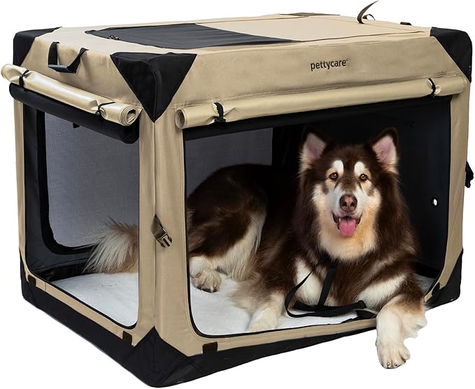 Pettycare 42 Inch Collapsible Dog Crate with Curtains Travel Dog Crate for Airflow and Calm Soft Pet Kennel with Portable Bag and More Chew Proof Mesh Indoor & Outdoor Beige 4 Door Curtains