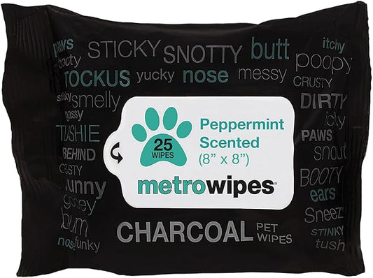 MetroPaws Peppermint Scented Charcoal Dog Wipes, 25 Extra Large & Thick Cleaning Wipes Ideal for Cats and Dogs, for Paws, Butt, Ears and Eyes