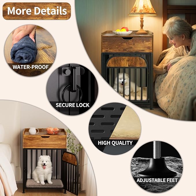 Dog Crate Furniture for Small Dogs, Chew-Proof Steel-Tube Dog Cage, Indoor Pet Crate End Table with Pet Mat, Decorative Dog Kennel with Drawer