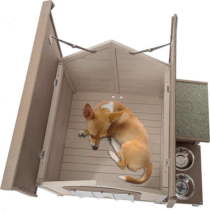 Dog House Outside, Wood Dog House Outdoor with Feeding Area and Door Curtain Open Roof Doghouse for Medium Small Dogs-Cream