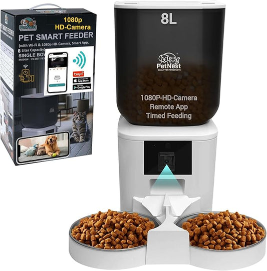8L Automatic Dog and Cat Feeder with Camera – Dual Bowl Smart WiFi Pet Food Dispenser with Tuya App Control, Night Vision, Voice Control, Timed Meals, BPA-Free | Large Capacity Automatic Dog Feeders