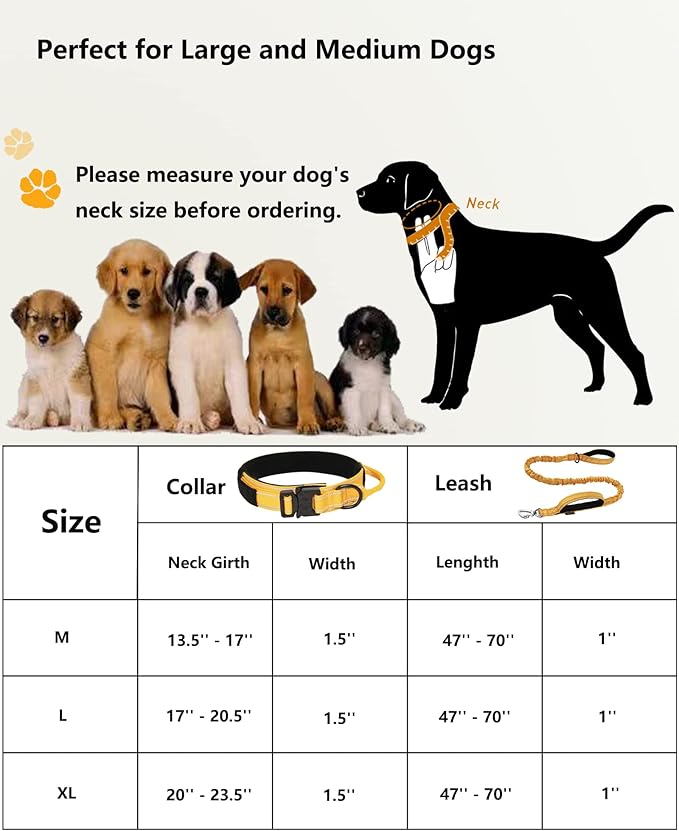 AUBELL Tactical Dog Collar and Leash Set, Adjustable Military Nylon Reflective Dog Leash and Collar with Handle and Heavy Metal Buckle for Medium Large Dogs, with Airtag Case and 2 Patches(Yellow, L)