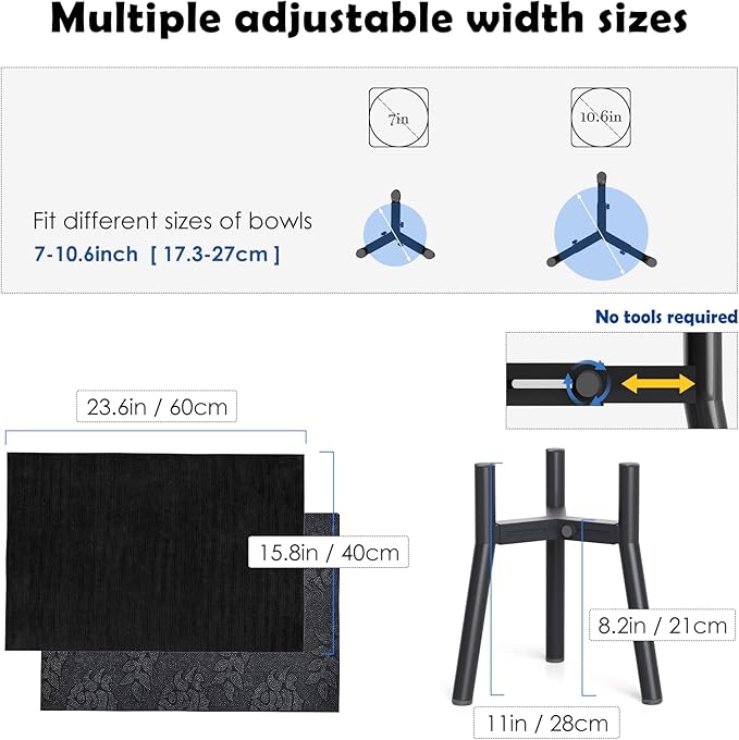 Stand for Medium Large Dogs With Mat, Adjustable Width Elevated Bowls for 7-10.6" Wide, Raised Food Water Bowl, 11 Inch Tall Single Holder, Bowl Not Included