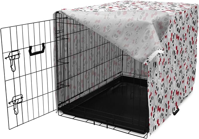 Lunarable Panda Dog Crate Cover, Funny Pattern of Asian Bear Animal in Romantic Bow Tie Cartoon Design, Easy to Use Pet Kennel Cover for Medium Large Dogs, 36 Inch, Pale Grey Black and Red