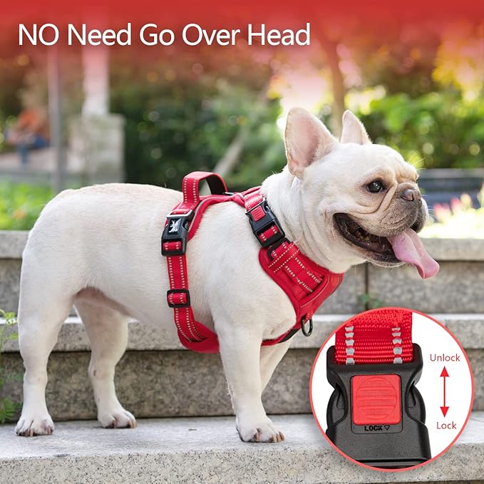 PoyPet No Pull Dog Harness, No Choke Reflective Dog Vest, Adjustable Pet Harnesses with Easy Control Padded Handle for Small Medium Large Dogs(Red Matching Trim,L)