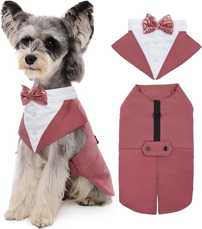 Kuoser Dog Tuxedo Dog Suit and Bandana Set, Dogs Tuxedo Wedding Party Suit, Doggy Prince Bow Tie Shirt Formal Pet Wedding Attire for Large Medium and Small Dogs Golden Retriever Samo Bulldogs