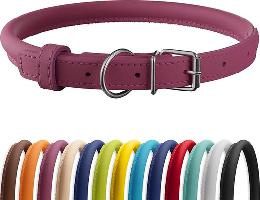 CollarDirect Rolled Leather Dog Collar, Soft Padded Round Puppy Collar, Handmade Genuine Leather Collar Dog Small Large Cat Collars 13 Colors (18-22 Inch, Pink Smooth)