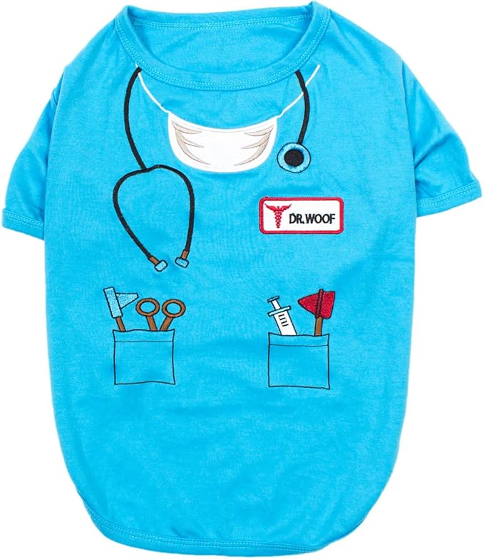 Parisian Pet Doctor Woof Dog Shirt - Embroidered Pirate Costume - 100% Cotton & Polyester - Blue Funny Dog Shirts - Pet Costume - 2XL