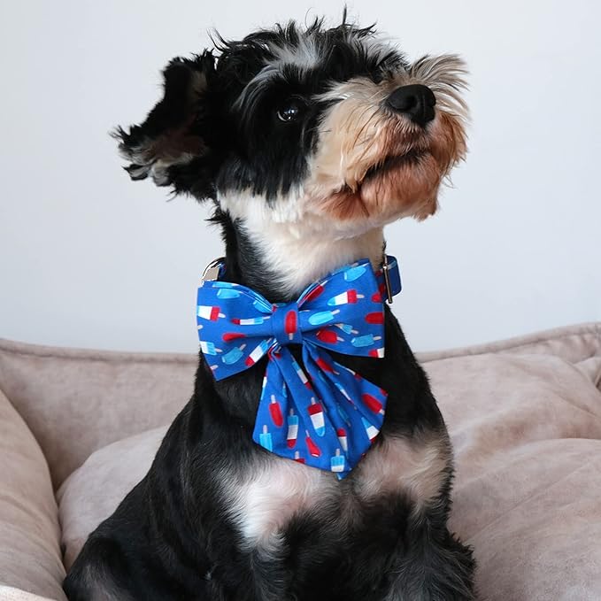 Lionet Paws Patriotic Dog Collar with Sailor Bow, 4th of July, Soft and Comfortable Adjustable Summer Popsicle Collar for X-Large Dogs, Neck 16-26 inches