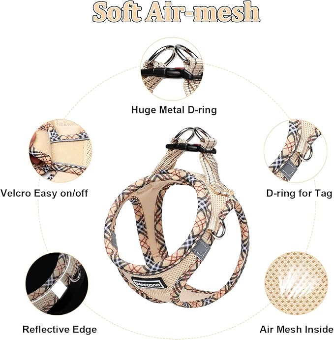 Mercano Soft Mesh Dog Harness and Leash Set, No-Chock Step-in Reflective Breathable Lightweight Easy Walk Escape Proof Vest Harnesses with Safety Buckle for Small Medium Dogs, Cats (Beige, XL)