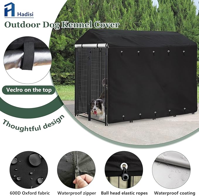 Classic Black Outdoor Dog Kennel Cover 8'Dx4'Wx6'H Full Coverage Windproof Anti-UV.Waterproof Dog Kennel Cover for Multiple Brands of Dog Kennels,Cover Only,Classic Black.(Patent Pending)