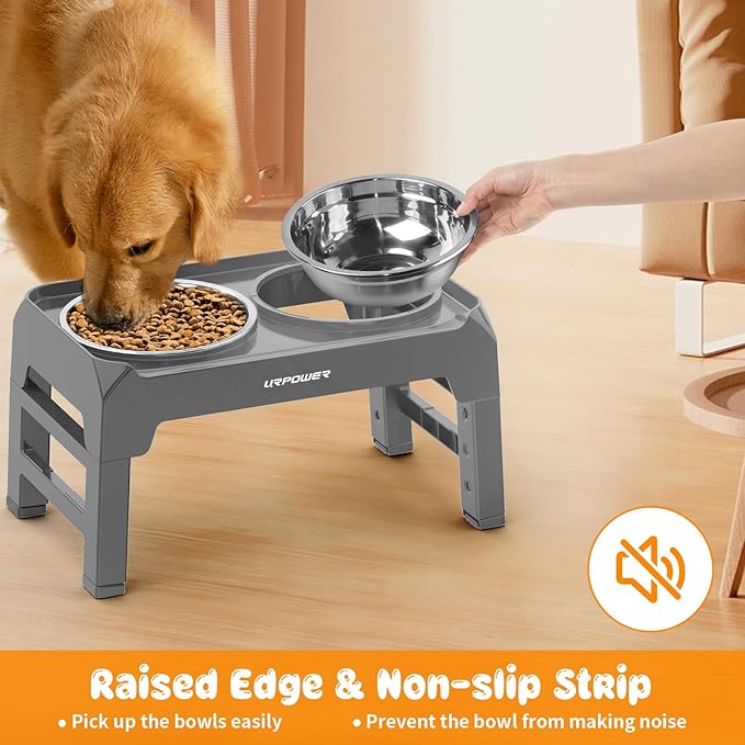 URPOWER 4 Height Adjustable Elevated Dog Bowls - 50oz Large Capacity Stainless Steel Bowls, No-Spill Edge, Non-Slip Stand for Small, Medium, Large Dogs & Pets