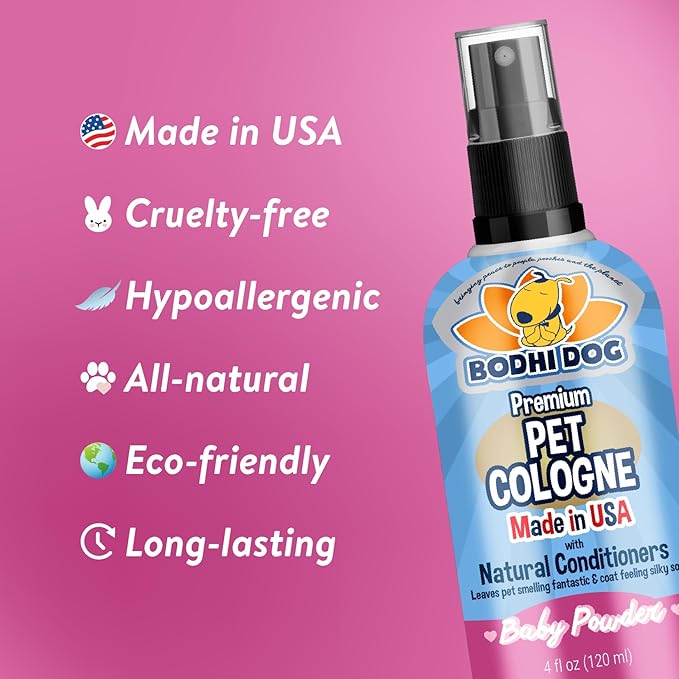 Bodhi Dog Natural Dog Cologne (Baby Powder) - Premium Scented Deodorizing Pet Perfume with Conditioner for Dogs & Cats - Keeps Pets Fresh & Clean - Gentle and Safe Formula, Made in USA (4 Fl Oz)