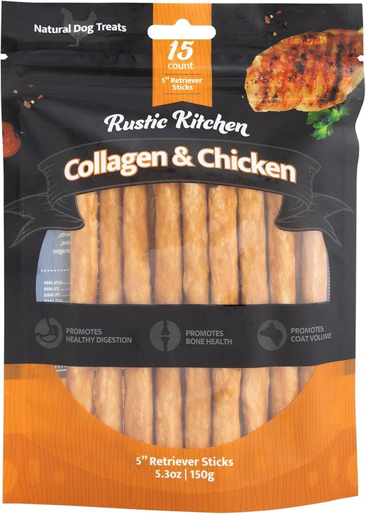Collagen Chews for Dogs, Real Chicken, Dog Chews Long Lasting, Rawhide Free -15 Pack Collagen Sticks for Large, Medium, and Small Dogs