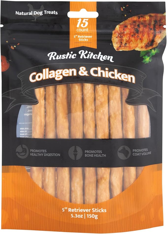 Collagen Chews for Dogs, Real Chicken, Dog Chews Long Lasting, Rawhide Free -15 Pack Collagen Sticks for Large, Medium, and Small Dogs