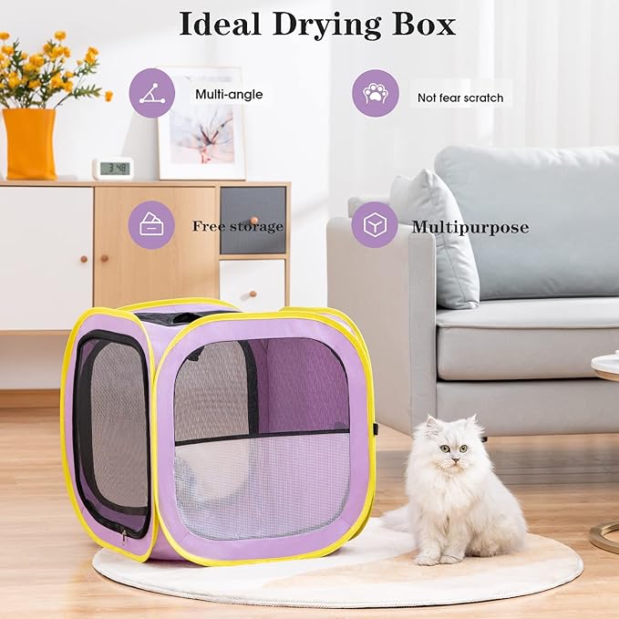 Pet Cat Dog Drying Box,Portable Foldable Cat Drying Room,Drying Crate Cage for Small Medium and Large Dogs (Purple)