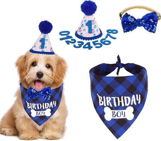 ADOGGYGO Boy Dog Birthday Bandana & Bow Set - Plaid with Numbers, Bling Bling Accents for Small Pets