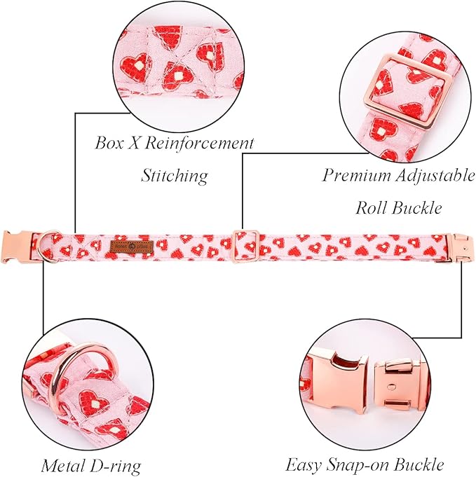 Lionet Paws Valentine Day Dog Collar, Heavy-Duty Cute Red Heart Pattern Collar with Metal Buckle Pet Necklace for Large Dog Gift, XLarge, Neck 16-26 inches