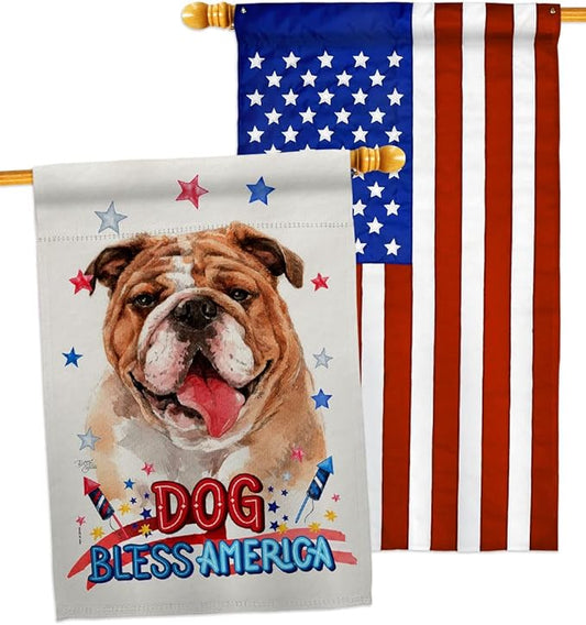 Breeze Decor Patriotic Bulldog House Flag Pack Dog Puppy Spoiled Paw Canine Fur Pet Nature Farm Animal Creature Applique Decoration Banner Small Garden Yard Gift Double-Sided, Made in USA