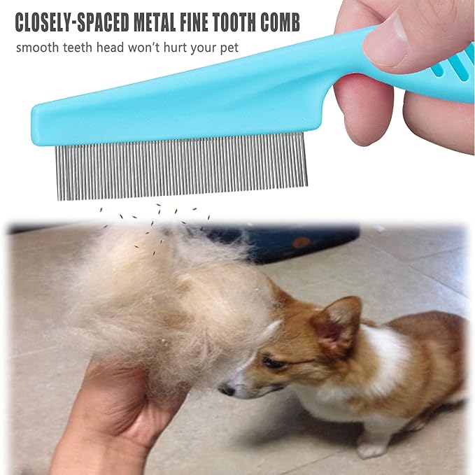 Cat & Dog Grooming Set - Fine Tooth Comb for Removing Dandruff Flakes & Hair (Blue)