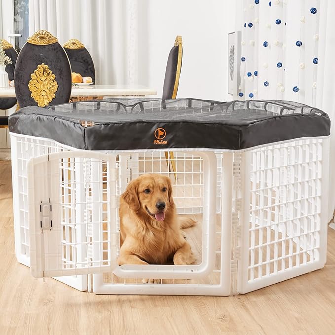 PJYuCien Dog Playpen Mesh Top Cover, Fits 24 Inch 8 Panels Regular Octagon Plastic Exercise Pet Pen, Adhesive Tape Connections, Black (Note: Cover Only, Fence Not Included)
