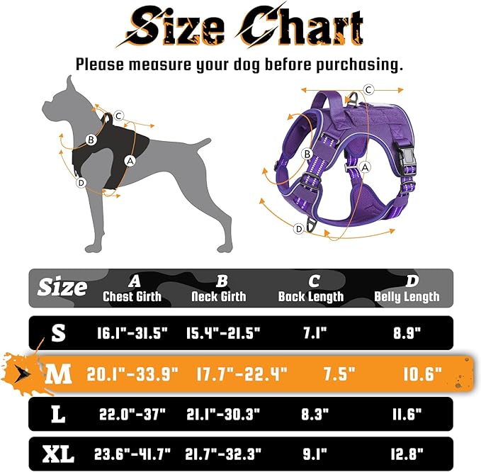 rabbitgoo Dog Harness Medium Sized No Pull, Tactical Service Dog Vest with Molle and Control Handle, Adjustable and Reflective Military Pet Harness for Easy Walking and Training, Purple, M