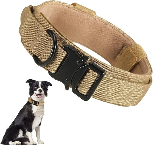 Tactical Dog Collar with Handle, Heavy Duty Military Dog Collar with Heavy Metal Buckle for Training, Adjustable Tactical Collars for for Medium and Large Dogs (M, Brown)
