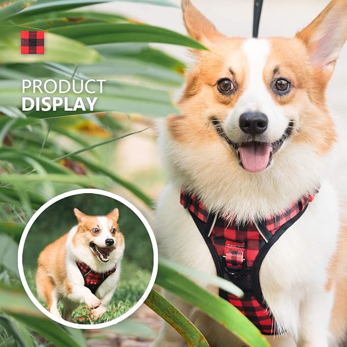 PoyPet No Pull Dog Harness, [Release at Neck] Reflective Adjustable No Choke Pet Vest with Front & Back 2 Leash Attachments, Soft Control Training Handle, Plaid(Checkered Red, L)