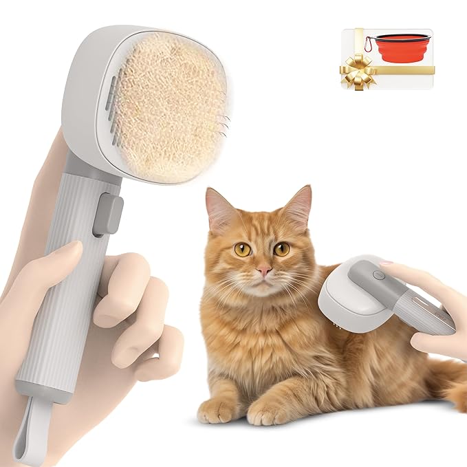 BARFI Pet Brush - Self-Cleaning Pet, Cat, Dog Shedding Brush - Multi-Functional Grooming Tool with Negative Ion Technology, Vibrating Massager, Wood's Lamp (Gray) - Free Pet Bowl
