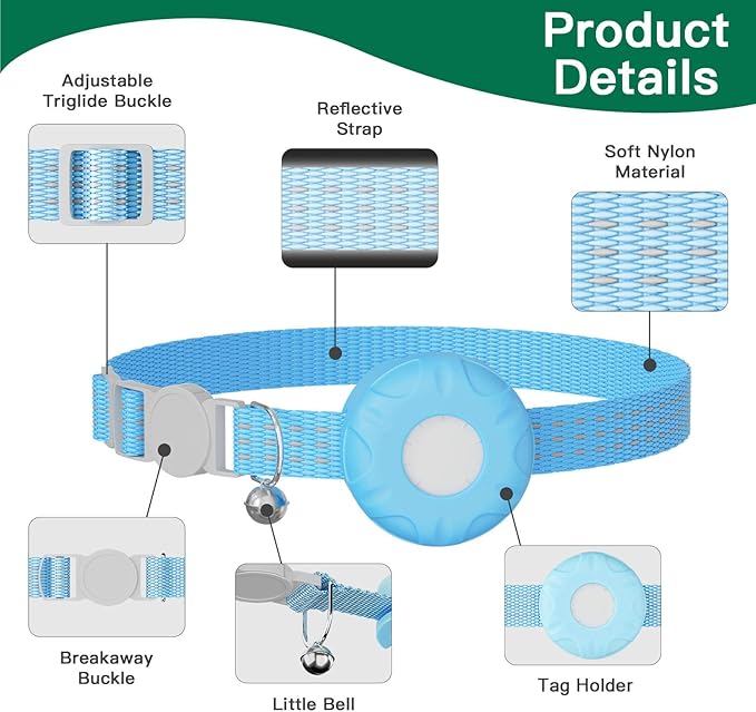 Cat Tracker Collar,No Monthly Fee Tracking Pet Collar with Finder Tag,Compatible with Apple Find My(iOS Only),Breakaway Tractive Design with Reflective Pattern & Bell,Blue