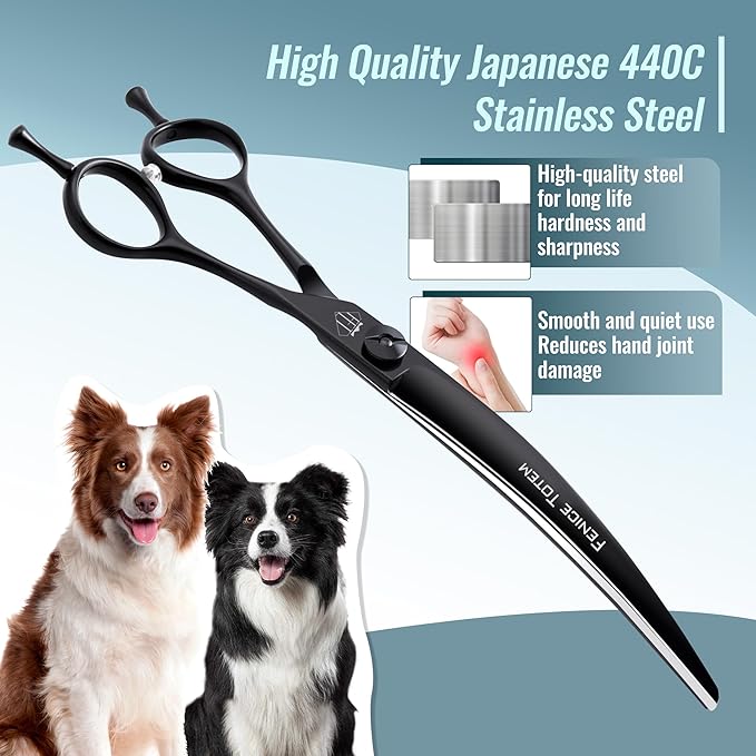 Fenice Dog Curved Grooming Scissors 8.0" Pet Shears Made Of Japanese 440C for Trimming Dogs Cats and Other Pets Face and Paws Black